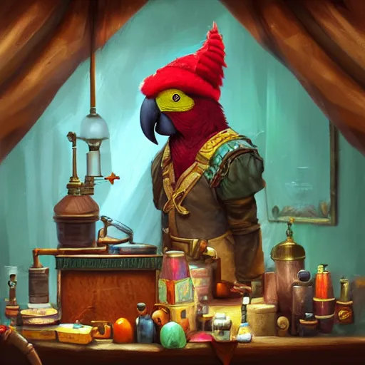 Image similar to Anthropomorphized parrot trader in his shop, medium shot, items, weapons, magic potions, trinkets, carpet, lamps, window, fancy hat, warm light, sly expression, cunning expression, cute expression, long thick shiny black beak, D&D, fantasy, cinematic lighting, highly detailed, digital painting, artstation, concept art, smooth, sharp focus, illustration, warm light, cozy warm tint, strong colours, magic the gathering artwork, volumetric lighting, 8k, art by Akihiko Yoshida, Greg Rutkowski