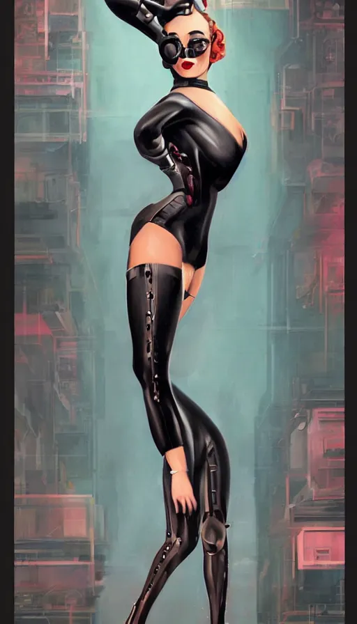 Prompt: full body cyberpunk beautiful woman, symmetrical face, in the style of a 1 9 4 0 s oil painted pin - up