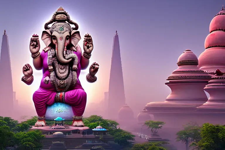 Image similar to beautiful futuristic new delhi, sci - fi ganesha!! building, kalighat flowers, octane highly detailed cinematic, stephen shore & john j. park, soft morning light, wide shot, aerial shot, uhd 8 k, shallow depth of field