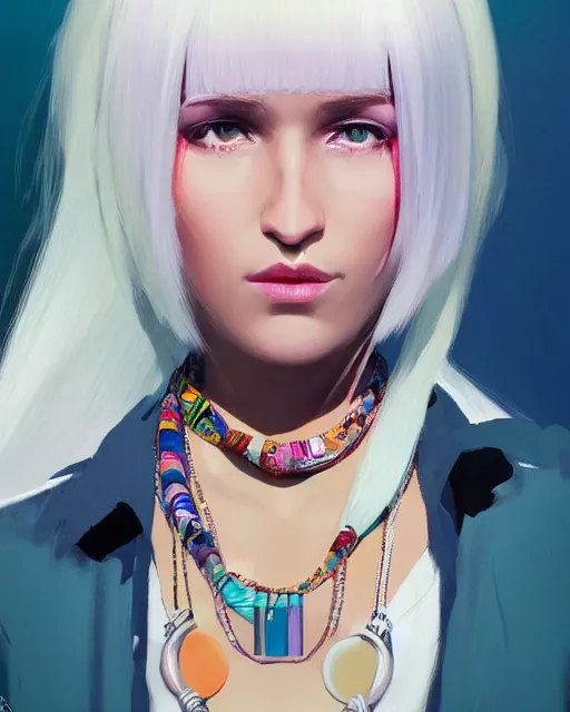 Image similar to half - electricity woman, white and multicolored hair and several necklaces around her neck, with cute - fine - face, pretty face, realistic shaded perfect face, fine details by realistic shaded lighting poster by ilya kuvshinov katsuhiro otomo, magali villeneuve, artgerm, jeremy lipkin and michael garmash and rob rey