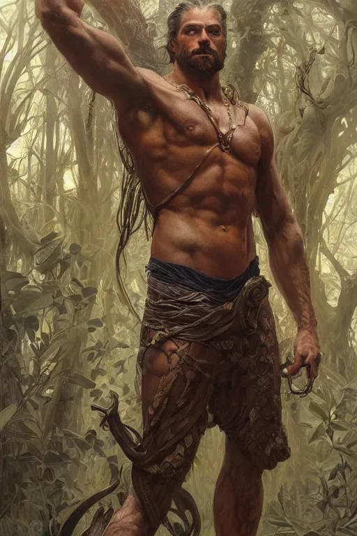 Prompt: portrait of bartelby montclair of dresdin as a herculian man, forest, full body, muscular, fantasy, intricate, elegant, highly detailed, digital painting, artstation, concept art, sharp focus, illustration, art by artgerm and greg rutkowski and alphonse mucha