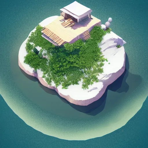 Image similar to a floating island with lake sorapis landscape isometric art, low poly art, game art, artstation, 3D render, high detail, cgsociety, octane render, sharp focus