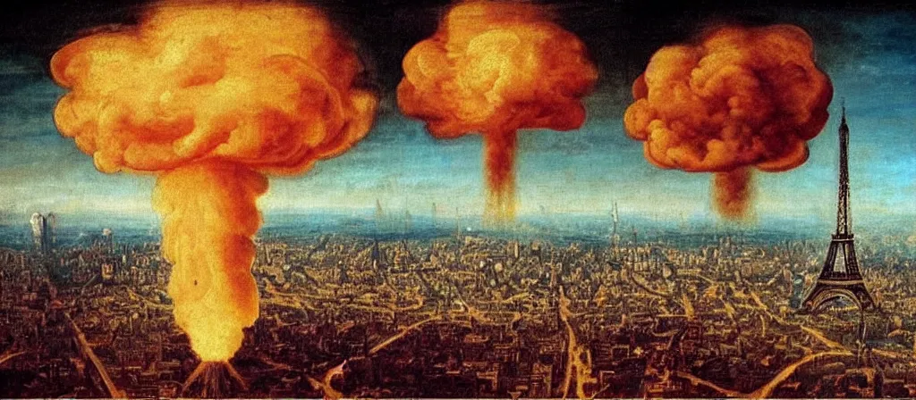 Image similar to nuclear mushroom cloud over the city of paris!!! renaissance painting!! majestic!! sad!