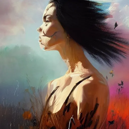 Prompt: morning, a woman in a black dress with a raven head. sun, cinematic, clouds, vogue cover style, contracting colors mood, realistic painting, intricate oil painting, high detail, figurative art, multiple exposure, poster art, 3 d, by simon bisley, ismail inceoglu, wadim kashin, filip hodas.