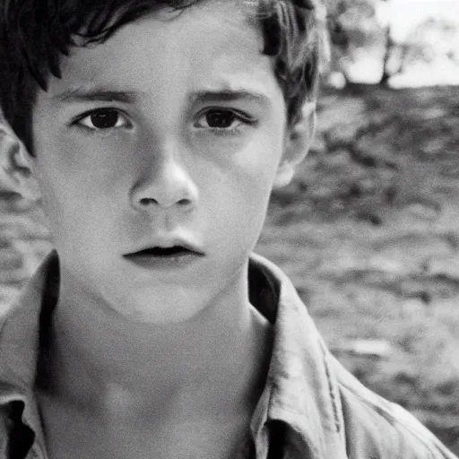 Prompt: logan lerman plays ralph in lord of the flies ( 1 9 6 3 ), 3 5 mm black and white, highly detailed, cinematic lighting