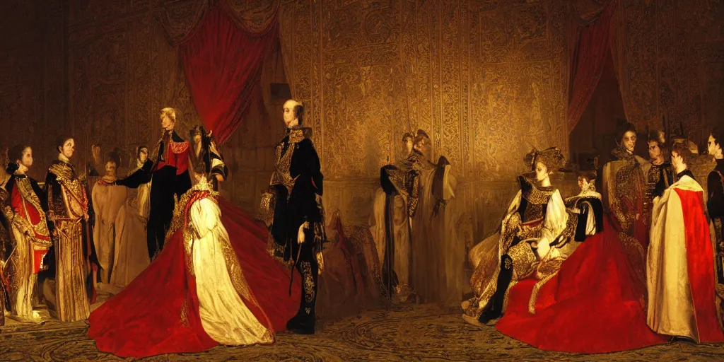 Prompt: Empress Sisi talking to peasants at night, epic lighting