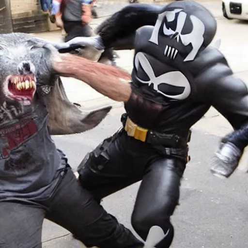 Prompt: a wolf attacking a man wearing punisher mask