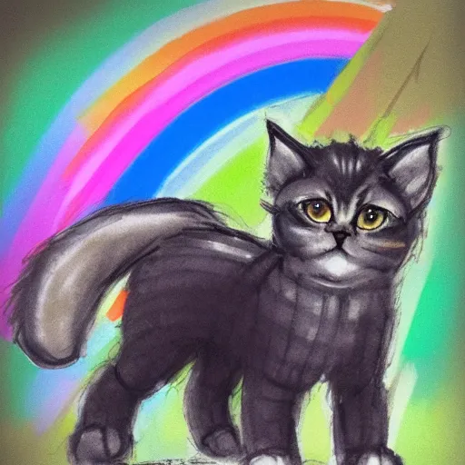 Image similar to wide angle full body, of a fluffy cute rainbow kitten wearing a black motorcycle jacket, concept art