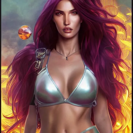 Image similar to ultra realistic illustration, bella thorne as megan fox as starfire anime, intricate, elegant, highly detailed, digital painting, artstation, concept art, smooth, sharp focus, illustration, art by artgerm and greg rutkowski and alphonse mucha