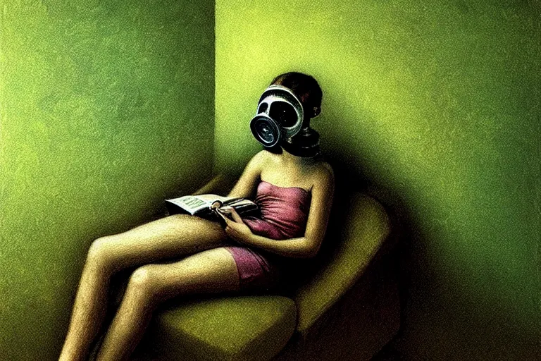 Prompt: girl with wearing a gas mask lying on the sofa reading a book in her room, in the style of beksinski, futuristic, naturecore, atmospheric, intricate and epic composition, green by caravaggio, insanely quality, highly detailed, masterpiece, white light, artstation, 4 k