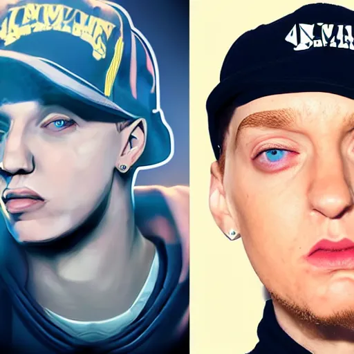 Image similar to rapper eminem as a character in the game league of legends, with a background based on the game league of legends, detailed face