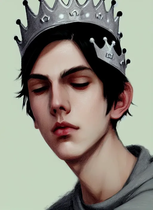 Image similar to portrait of teenage jughead jones wearing a light grey crown, photorealistic, crown, eyes closed, crown, black hair, intricate, elegant, glowing lights, highly detailed, digital painting, artstation, concept art, smooth, sharp focus, illustration, art by wlop, mars ravelo and greg rutkowski