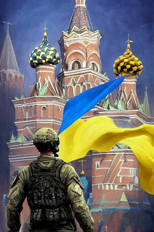 Image similar to special forces soldier raising ukrainian blue and yellow flag, kremlin st. basil cathedral in the background, masculine figure, d & d, fantasy, bright atmosphere, volumetric lights, intricate, elegant, extremely detailed, digital painting, artstation, concept art, matte, smooth, sharp focus, hyper realistic, illustration, art by artgerm and greg rutkowski and alphonse mucha