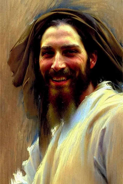 Image similar to impressionist brushstrokes!!!!!!!!! solomon joseph solomon and richard schmid and jeremy lipking victorian loose genre loose painting full length portrait painting of jesus with a slight smile happy inviting