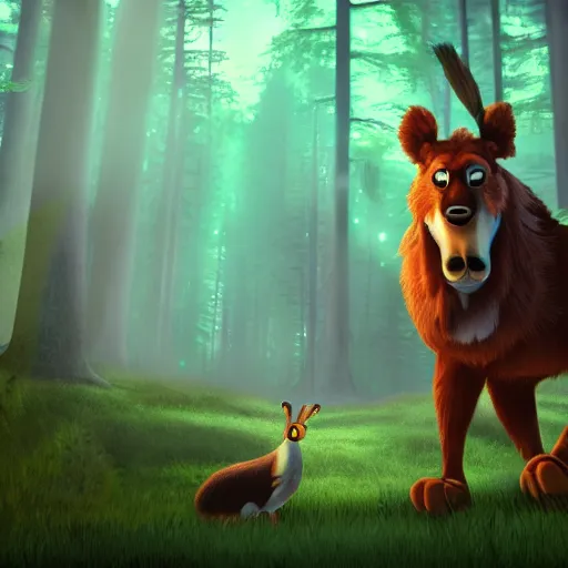 Image similar to medium shot native american with animal companion, in a dark forest, mysterious, backlit, still from a pixar dreamworks movie, trending on artstation