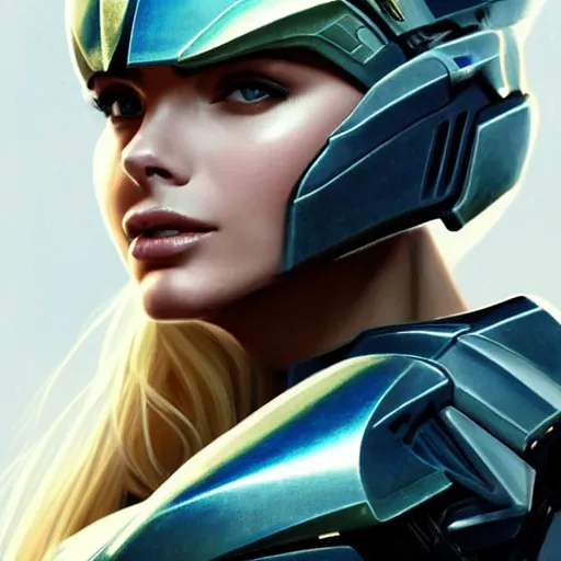 Image similar to A combination of Adriana Dxim's and Grace Kelly's and Ashley Greene's appearances with blonde hair wearing Forerunner armor from Halo, high tech, action shot, angular, full body portrait, futuristic, dramatic, fantasy, intricate, elegant, highly detailed, artstation, matte, sharp focus, 8K, art by Artgerm and Greg Rutkowski and Alphonse Mucha