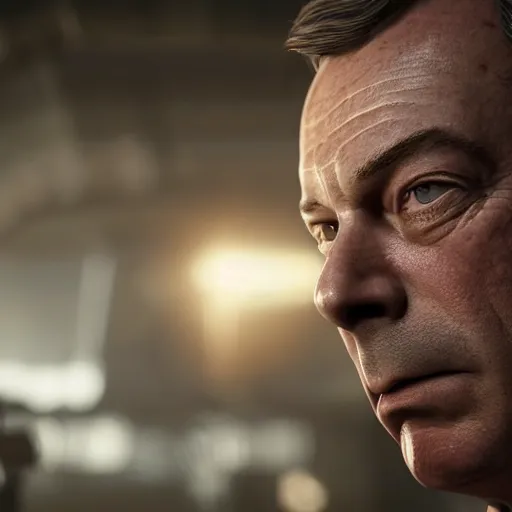 Image similar to Portrait of Nigel Farage in Gears of War, splash art, movie still, cinematic lighting, dramatic, octane render, long lens, shallow depth of field, bokeh, anamorphic lens flare, 8k, hyper detailed, 35mm film grain