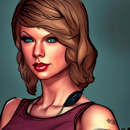 Image similar to taylor swift portrait, borderlands, tales from the borderlands, the wolf among us, comic, cinematic lighting, studio quality, 8 k