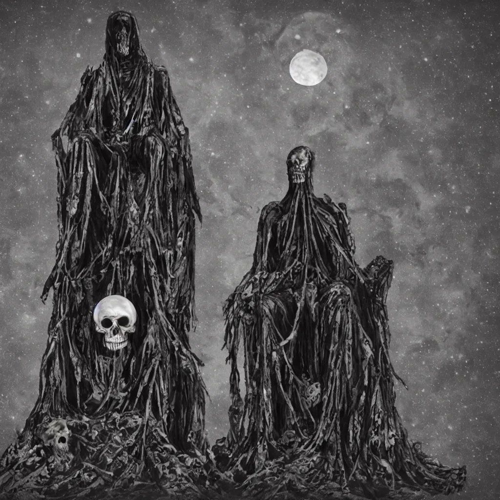 Image similar to creepy dark tall creature sitting on a throne made of skulls, moonlight