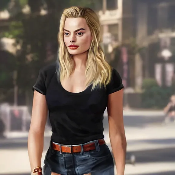 Image similar to Margot Robbie wearing a short and a t-shirt, ultra realistic, 8K resolution, detailed, Artstation, epic