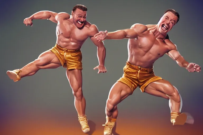 Image similar to hyperrealistic 1992 Jean Claude Vandamme doing the splits, laughing hysterically, doing the spilts with his legs going pointing two separate directions, between two chairs over a toilet, golden hour, smiling, award winning, 8k, trending on artstation