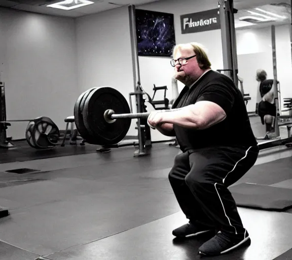 Image similar to gabe newell performing squats, award winning photograph by artie zeller