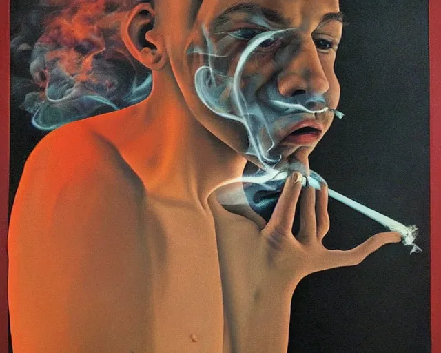 Image similar to a surreal painting of man smoking a joint