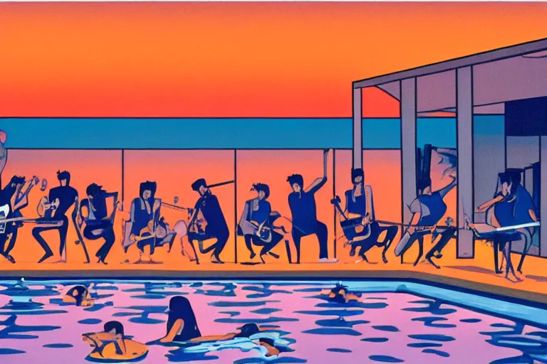 Image similar to stylistic oilpainting of a Punkband performing next to a swimming pool by sunset, painted by Hiroshi Nagai