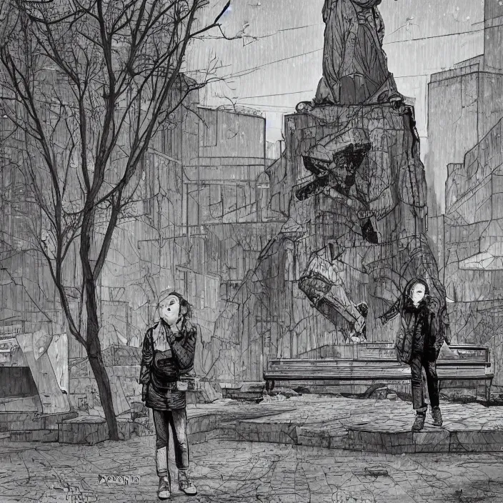 Image similar to storyboard : sadie sink in hoodie sits on bench in ruined square, pedestrians walk by, soviet monument and propaganda posters. scifi cyberpunk. by gabriel hardman. cinematic atmosphere, detailed and intricate, perfect anatomy