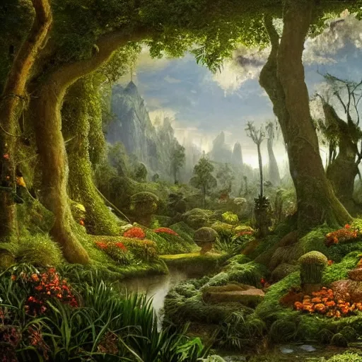 Image similar to a beautiful and highly detailed matte painting of a magical fantasy garden in a lush forest, intricate details, epic scale, insanely complex, 8 k, sharp focus, hyperrealism, by caspar friedrich,