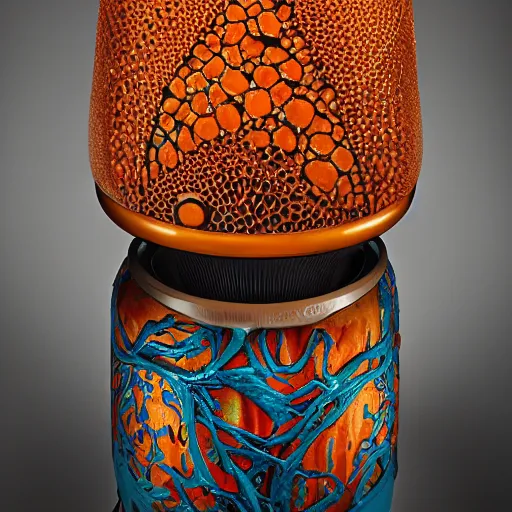 Prompt: Harman Kardon Speaker inspired by Art nouveau , fungi, fractal roots, honey, glaze, orange with teal details, designed by Antoni Gaudí, Sigma 85mm f/8 1/1000 sec shutter, high detail, Sotheby\'s