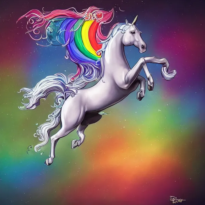 Image similar to a beautiful elegant unicorn running on a rainbow, concept art, intricate details, fierce, powers, comic