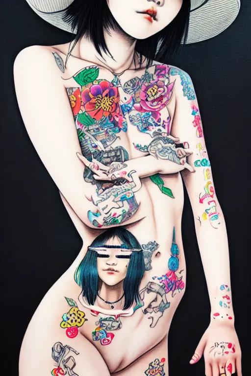 Image similar to full view of taiwanese girl with tattoos, wearing a cowboy hat, style of yoshii chie and hikari shimoda and martine johanna, highly detailed