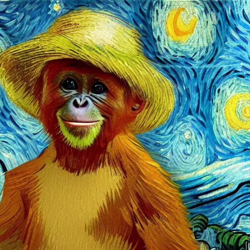 Image similar to a van gogh painting of a baby orangutan wearing a top hat, 4 k, hyper realistic, dslr, landscape, high resolution