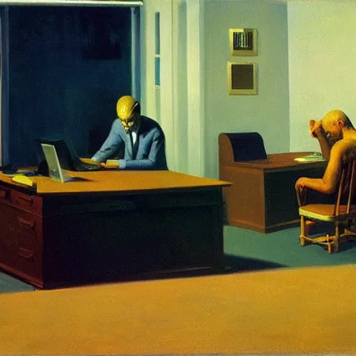 Image similar to a surreal figure sitting at his desk in an office, in a nightmare, by Edward Hopper, highly detailed,