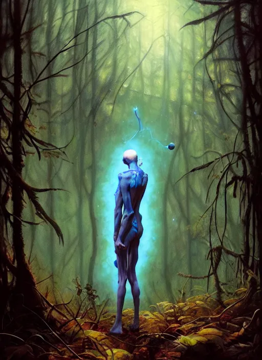 Image similar to hyper realistic magic alien in the woods in a river gorgeous lighting, lush forest foliage blue sky a hyper realistic painting by chiara bautista and beksinski and norman rockwell and greg rutkowski, tom bagshaw weta studio, and lucasfilm