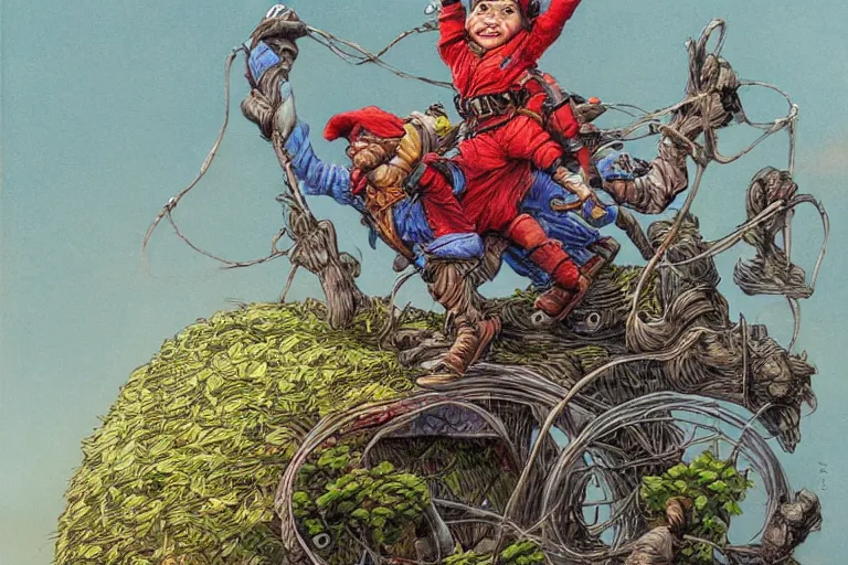 Prompt: a highly detailed garden gnome hanging off the back of a car in full speed, trying to hold on, desperate, wide angle, an ultrafine detailed painting by p. craig russell and barry windsor - smith, trending on deviantart, octane, masterpiece