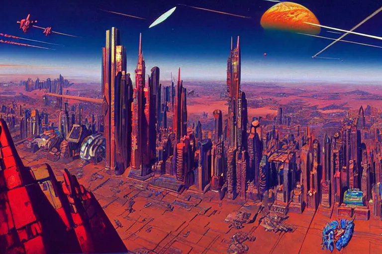 Prompt: cloisonnism wide angle painting of megacity 1 from judge dredd megacity 1 from judge dredd in no mans sky no mans sky | masterpiece syd - mead, moebius