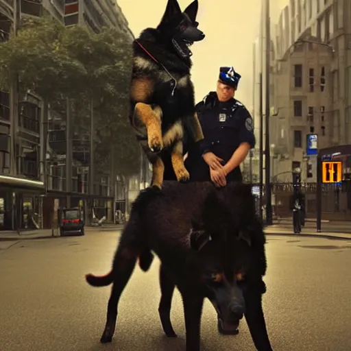 Image similar to police officer riding a giant German shepherd in the city, trending on artstation