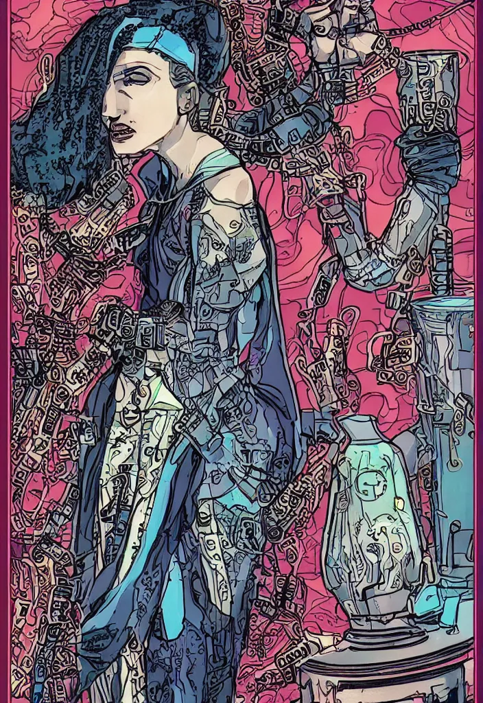 Prompt: the queen of cups as a cyberpunk tarot card