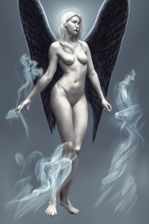 Image similar to Full body potrait of Vesa Matti Loiri as and angel , angel is split in two with smoke, fantasy, intricate, elegant, highly detailed, digital painting, artstation, woman is curved, concept art, smooth, sharp focus, illustration, art by Ilja Repin