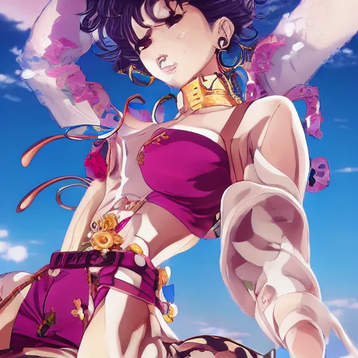 Image similar to Magazine Cover Anime key visual of a Gucci girl; official media; typography; drawn by Hirohiko Araki; Jojo's Bizarre Adventure; Jojolion, portrait, made by Stanley Artgerm Lau, WLOP, Rossdraws, James Jean, Andrei Riabovitchev, Marc Simonetti, Yoshitaka Amano, ArtStation