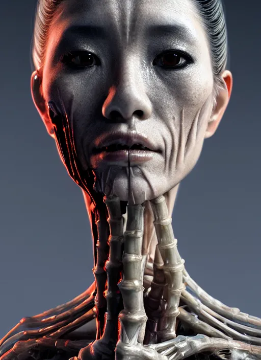 Prompt: 3 / 4 portrait, geisha girl with transparent skin, visible muscle and bones and veins and nerves, david cronenberg, hyperrealism, detailed textures, photorealistic 3 d cyberpunk apocalyptic city, futuristic clothing and helmet, ultra realistic, cinematic, intricate, cinematic light, unreal engine 8 k, octane render, unreal engine by david kostic and stanley lau and artgerm