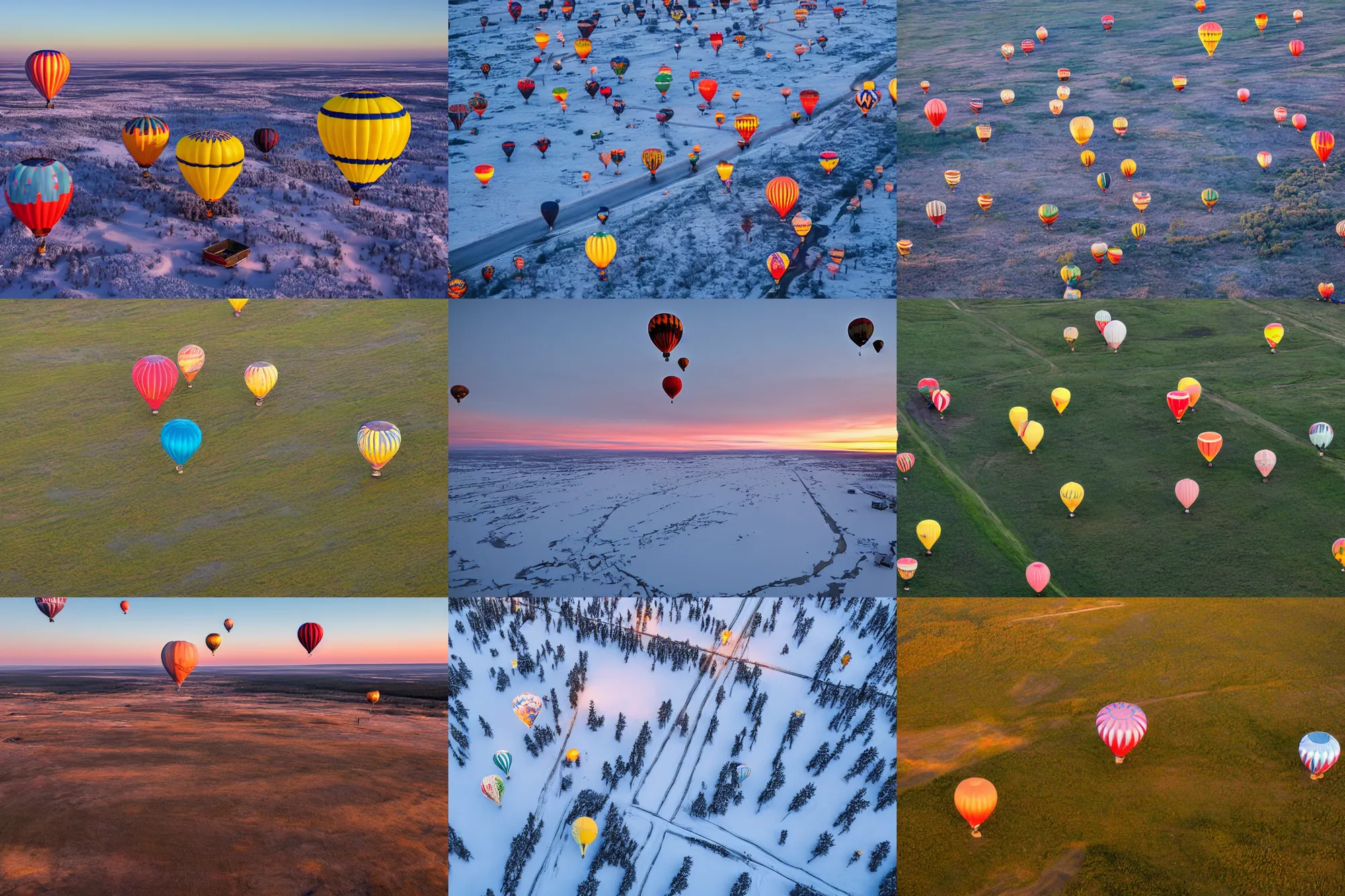 Prompt: aerial photography, lapland, hot air balloons, dusk