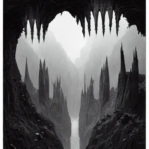 Image similar to symmetrical fantasy landscape, line art by greg rutkowski, b & w