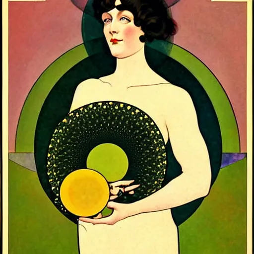 Prompt: Art in the style of Coles Phillips, Gaia, Full figured Mother Earth, portrait, Mucha, Kandinsky, risoprint