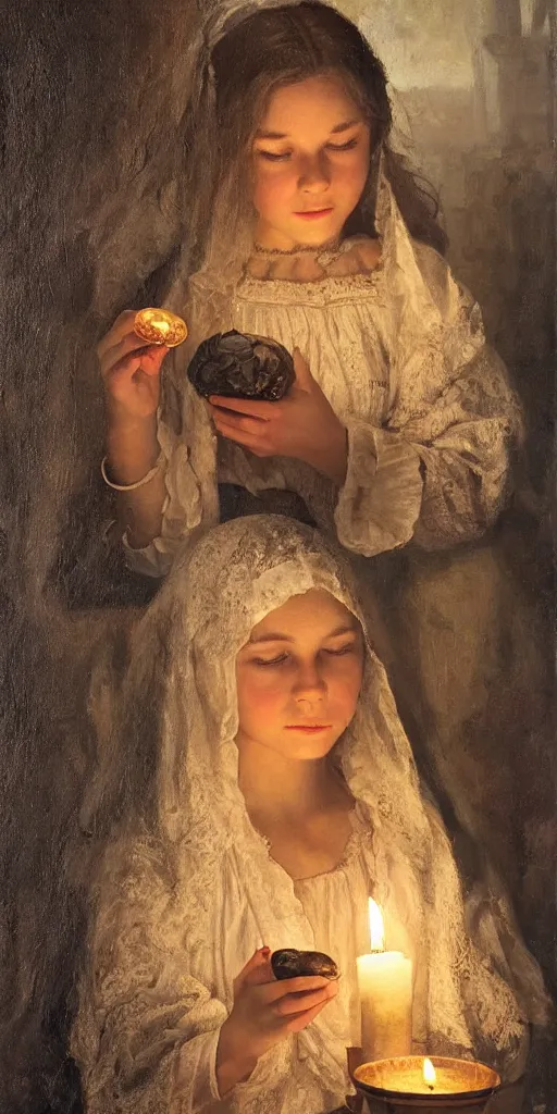 Prompt: Highly detailed and cinematic romantic period oil painting of a medieval peasant girl holding a candle, strong atmosphere, oil painting masterpiece by Josep Tapiró Baró, symmetry, fractals