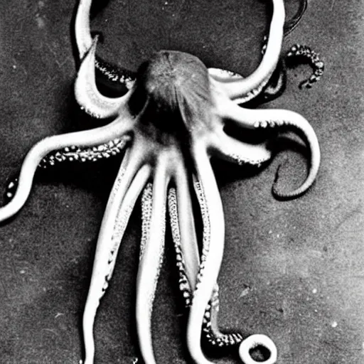 Prompt: vintage photograph of an octopus playing blues guitar with its tentacles