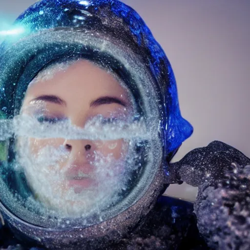 Image similar to futuristic female soldier eyes closed partly submerged in highly viscous clear fluid, frost particles, ice needles, cold blue light, complex hyperdetailed technical suit. white hair flowing. reflection. rays and dispersion of light. volumetric light. 5 0 mm, f / 3 2. noise film photo. ultra realistic, wide angle.