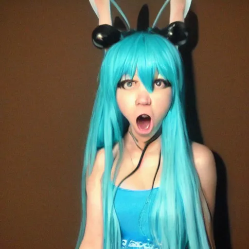 Prompt: hatsune mike with a terrified expression.